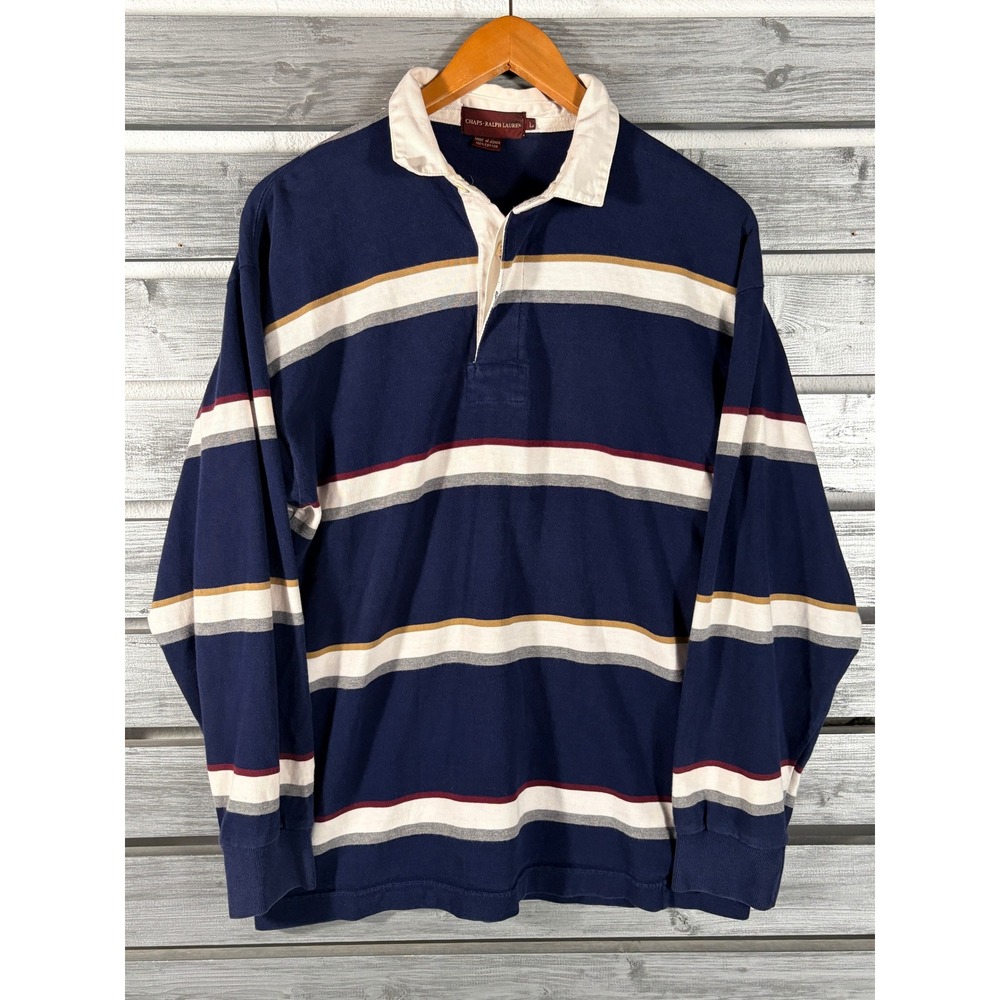 Vintage 80s Chaps Ralph Lauren Men Rugby Shirt M Navy Blue Striped Long Sleeve